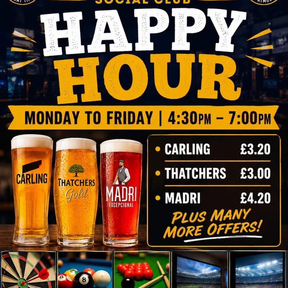 Happy Hour poster, Monday to Friday 4.30pm to 7pm, with pint prices